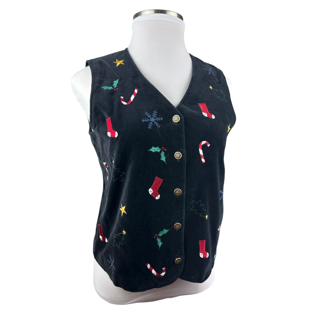 Talbots Christmas Themed Black Velvet Lined Button Up Vest Holiday Print Large - Picture 3 of 14
